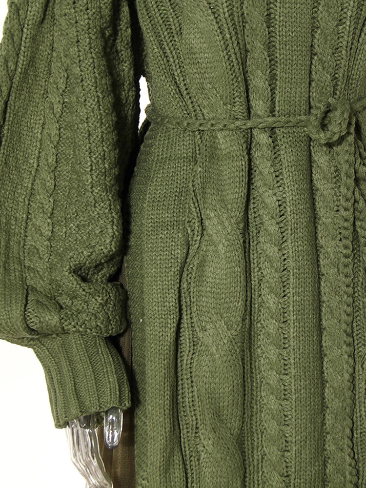 Olive Green Knitted Turtleneck Dress with Belt and Puffed Sleeves-SimpleModerne