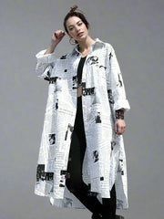 Newspaper Print Maxi Shirt Dress - Button-Up Oversized Longline Blouse with Collar-SimpleModerne