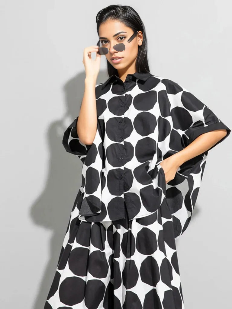 Chic Polka Dot Maxi Shirt-Blouse - Oversized Comfort & Style-SimpleModerne