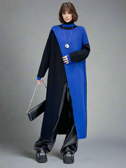 Color Block Maxi Knitted Pullover with Overlay Split – Black & Blue-SimpleModerne