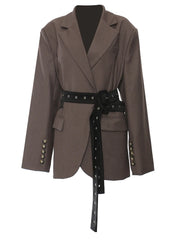 Chic Belted Blazer with Button Details - Structured Fit, Long Sleeves-SimpleModerne