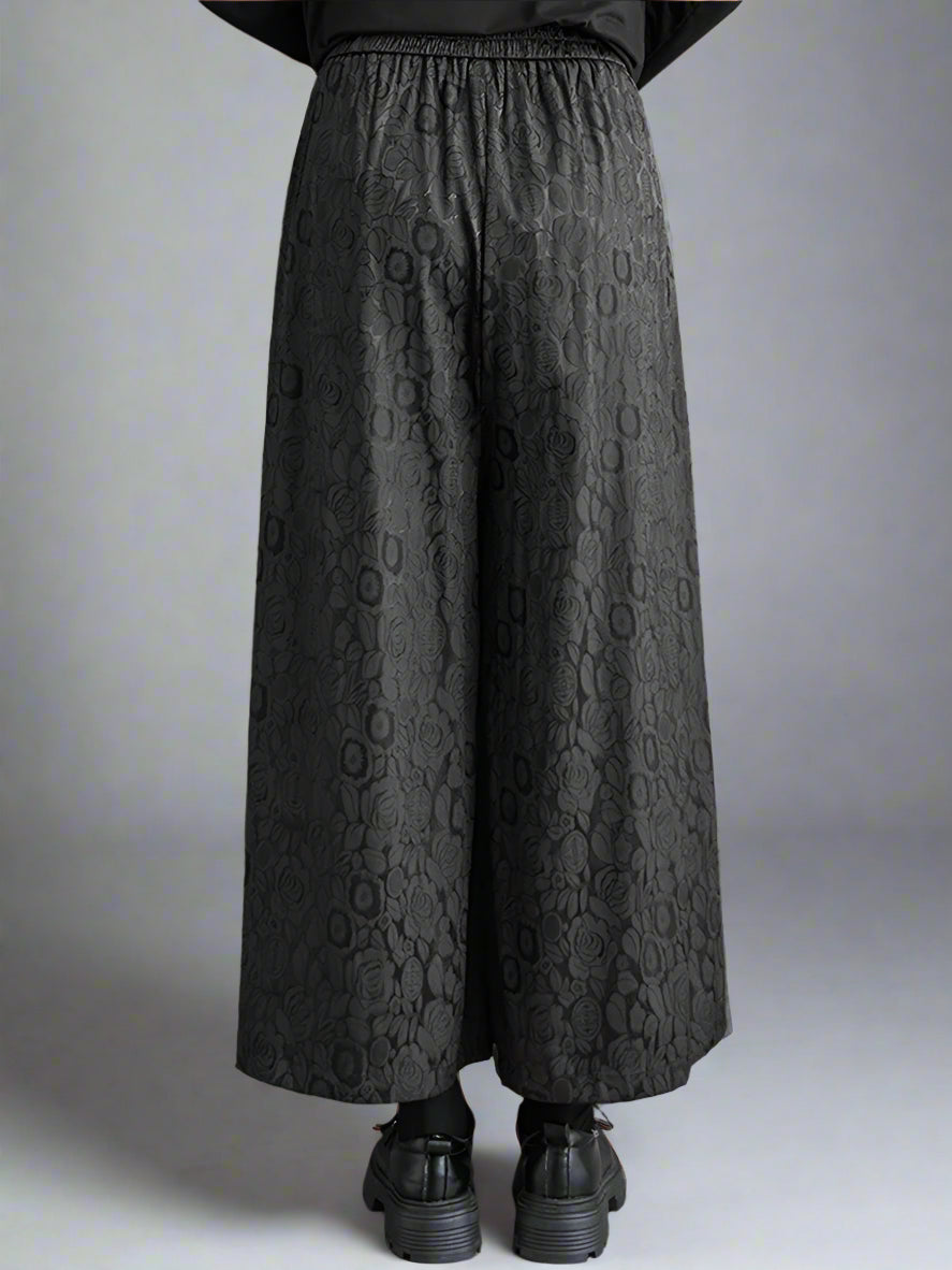 lack Jacquard Wide-Leg Ankle-Length Pants with Elastic Waist - Gothic Floral Pattern-SimpleModerne