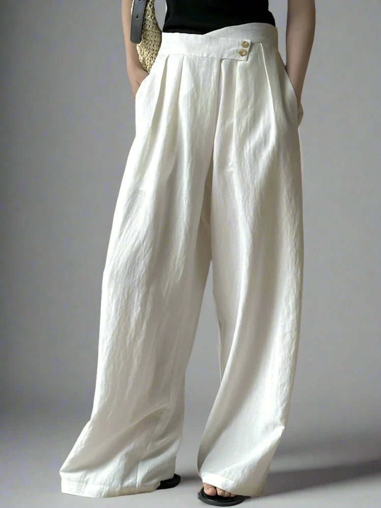 Cream White Cotton/Linen Trousers with Asymmetrical Waistline-SimpleModerne