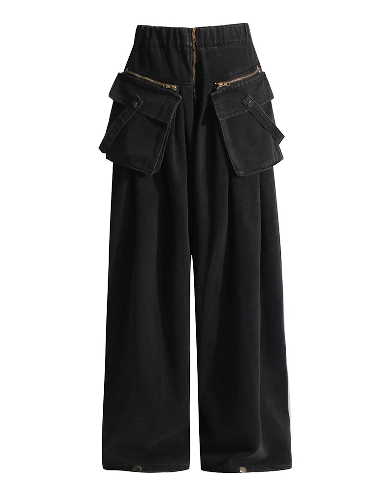 Maxi Pocket Dark Grey Wide-Leg Jeans with Vintage Zipper-SimpleModerne