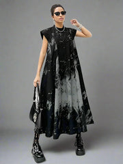 Gothic Sleeveless Tie-Dye Print Dress with Mandarin Collar-SimpleModerne