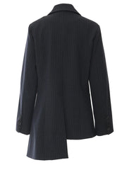 Asymmetrical Navy Blue Pinstripe Blazer with Contrast Panels-SimpleModerne