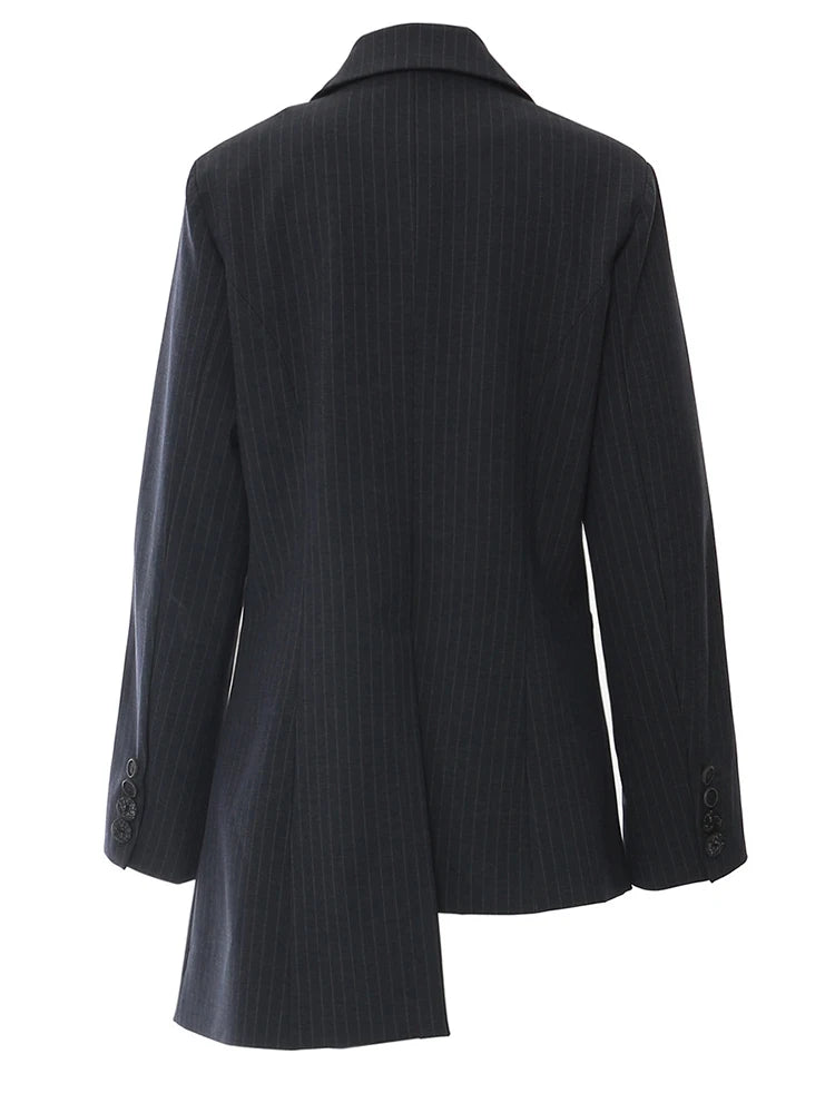 Asymmetrical Navy Blue Pinstripe Blazer with Contrast Panels-SimpleModerne