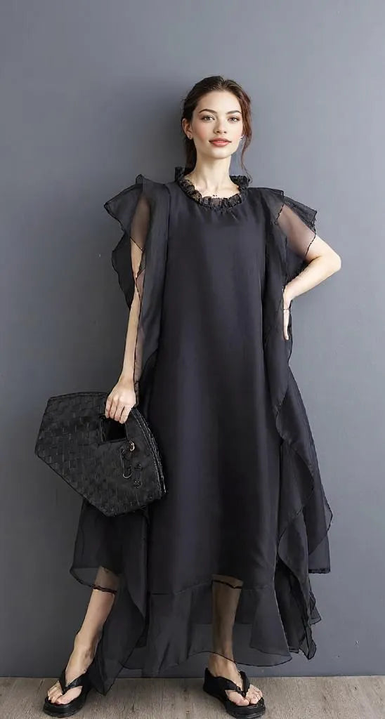 Black Flowing Sleeveless Chiffon Maxi Dress with Layered Ruffles-SimpleModerne