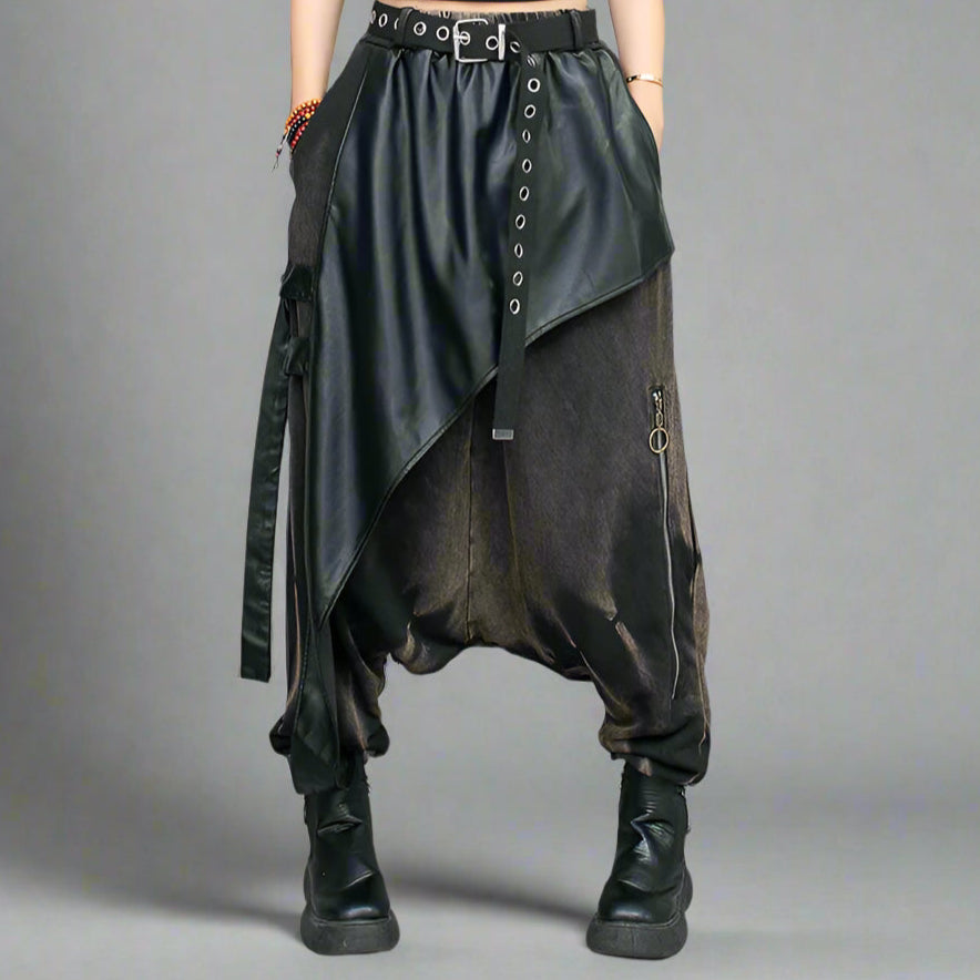 Punk-Inspired Trousers with Vegan Leather Overlay and Vintage Finish-SimpleModerne