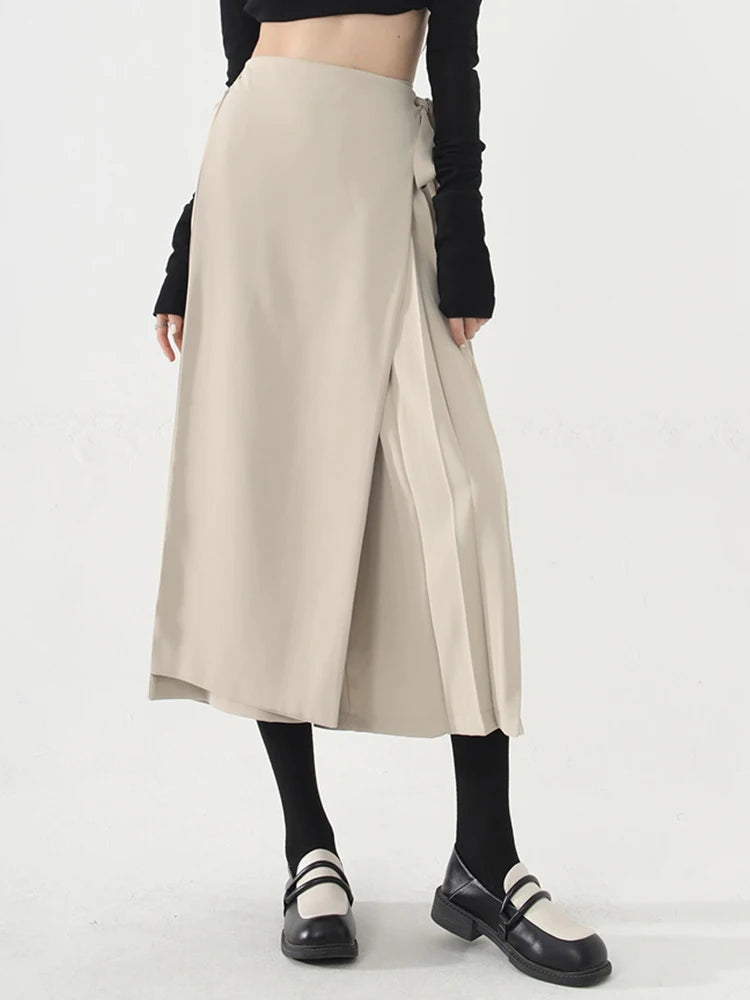 Apricot Beige Skirt-Pant Hybrid with Pleated Overlay – Sophisticated and Unique Mid-Calf Design-SimpleModerne