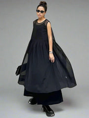 Elegant Black Chiffon Overlay Dress with Asymmetrical Hem and Sheer Mesh Design-SimpleModerne