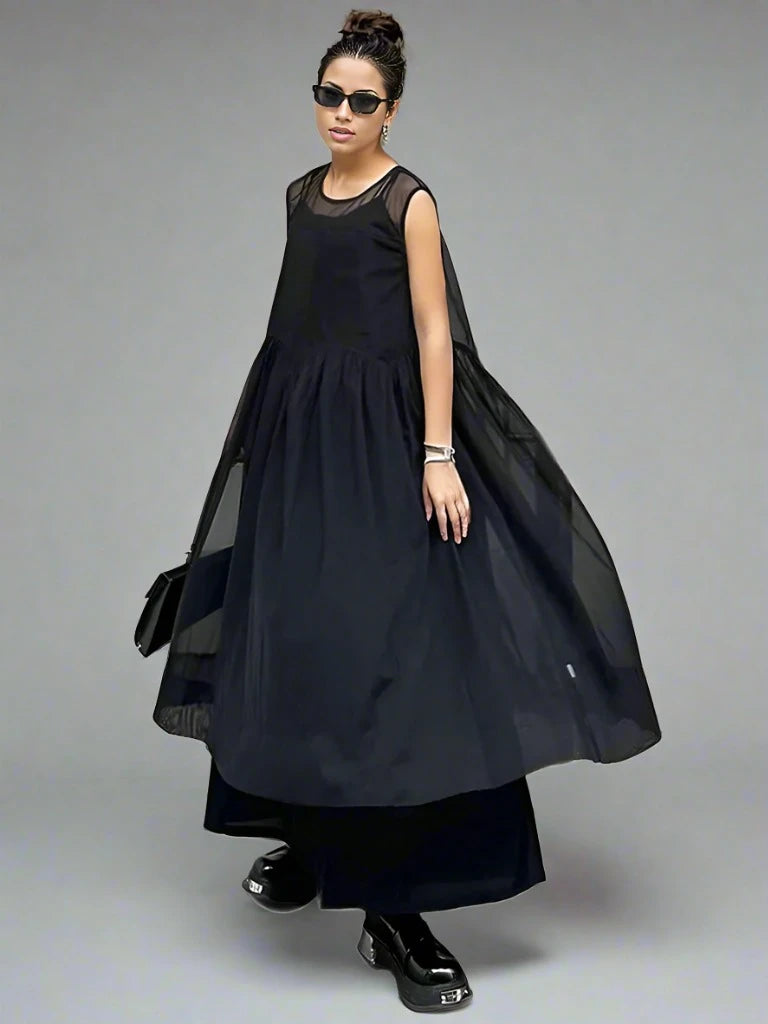 Elegant Black Chiffon Overlay Dress with Asymmetrical Hem and Sheer Mesh Design