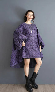 Purple Floral Lantern Sleeve Asymmetrical Dress - Elegant Winter-Ready Design