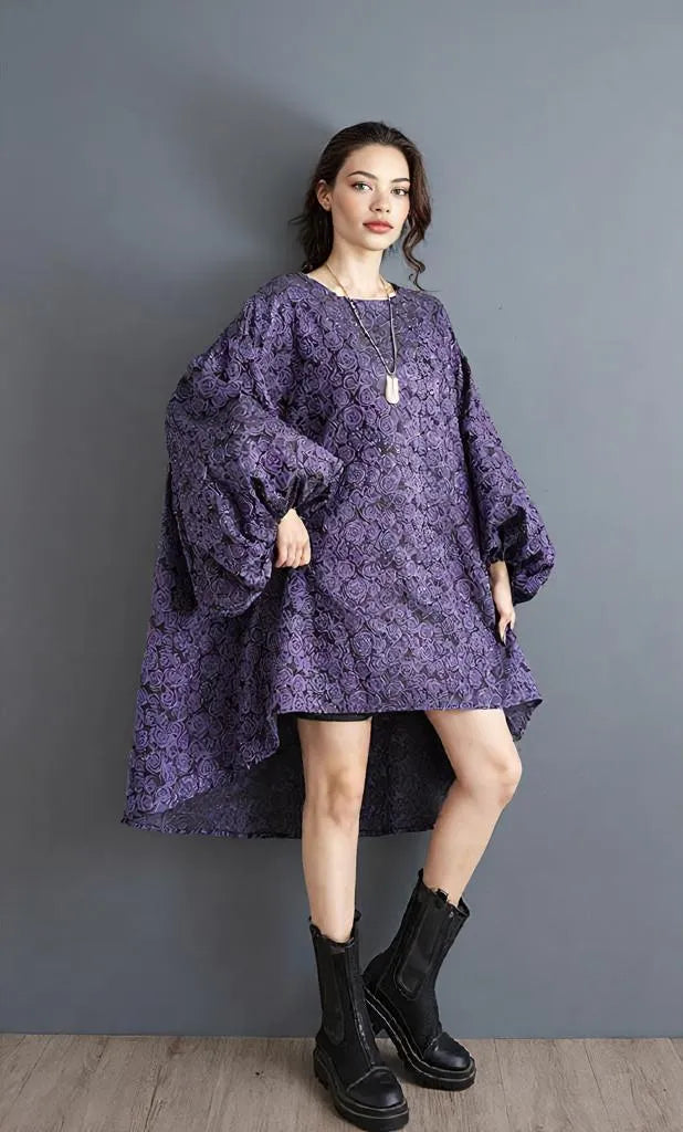 Purple Floral Lantern Sleeve Asymmetrical Dress - Elegant Winter-Ready Design-SimpleModerne