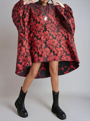 Red Floral Lantern Sleeve Asymmetrical Winter Dress – High-Low Pullover Style