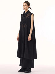 Edgy Sleeveless Shirt Dress with Chiffon Inserts and Button Closure-SimpleModerne