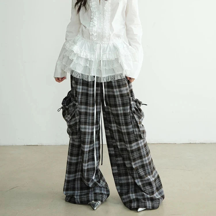 High-Waisted Plaid Trousers with Chic Drawstring Details-SimpleModerne