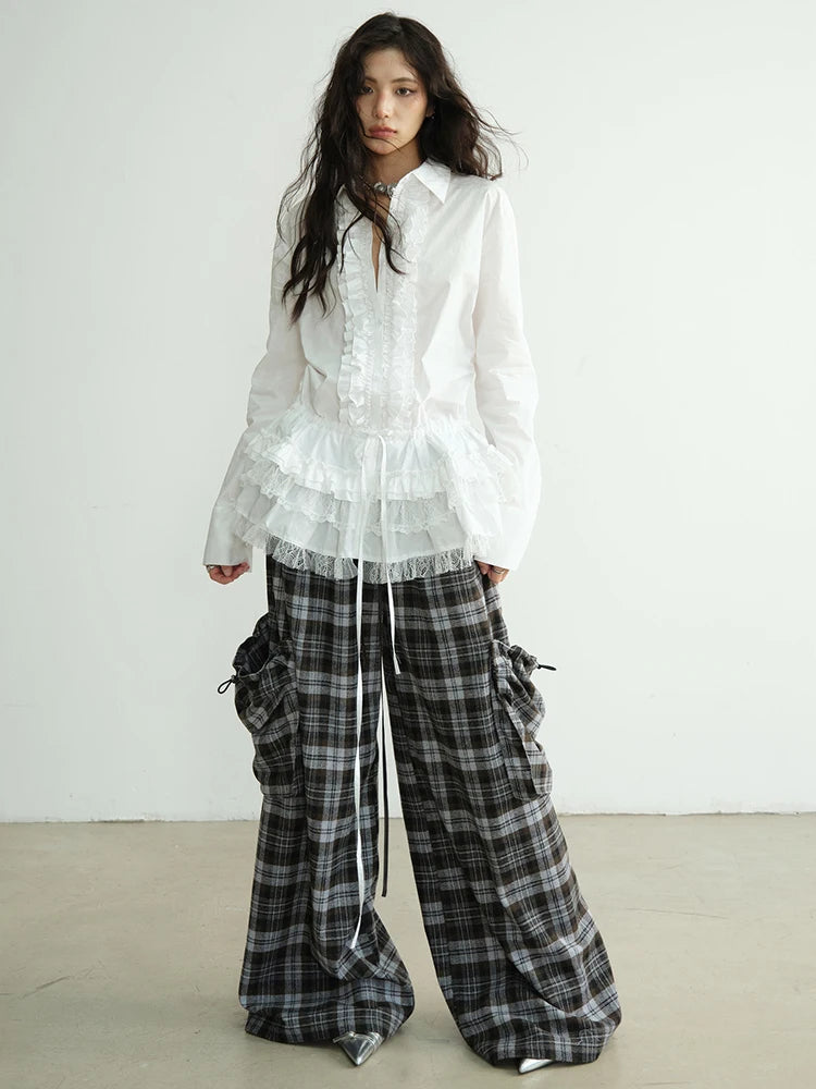 High-Waisted Plaid Trousers with Chic Drawstring Details-SimpleModerne