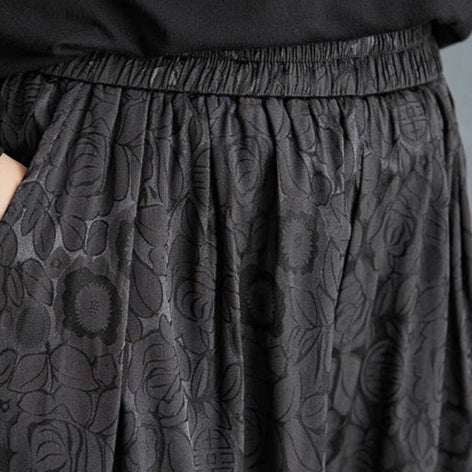 lack Jacquard Wide-Leg Ankle-Length Pants with Elastic Waist - Gothic Floral Pattern-SimpleModerne