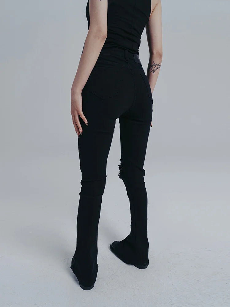 Distressed Black Flare Jeans with Knee Rip Detail-SimpleModerne