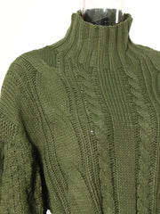 Olive Green Knitted Turtleneck Dress with Belt and Puffed Sleeves