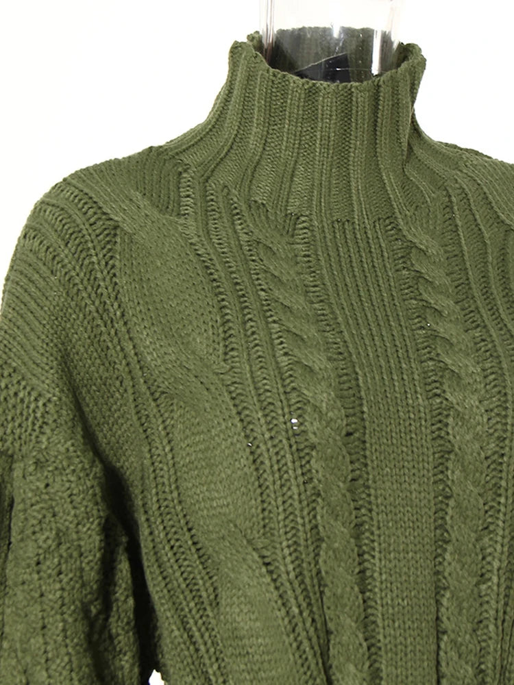 Olive Green Knitted Turtleneck Dress with Belt and Puffed Sleeves-SimpleModerne