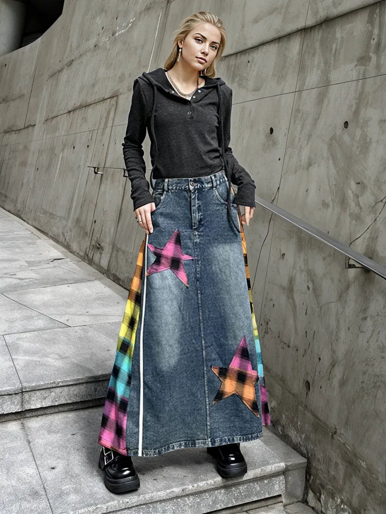 Denim & Textile Patchwork Skirt - 80's Pop-Inspired-SimpleModerne