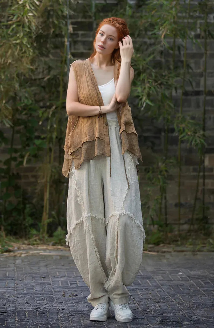 Vintage Linen Patchwork Harem Pants - Boho Chic Trousers-SimpleModerne