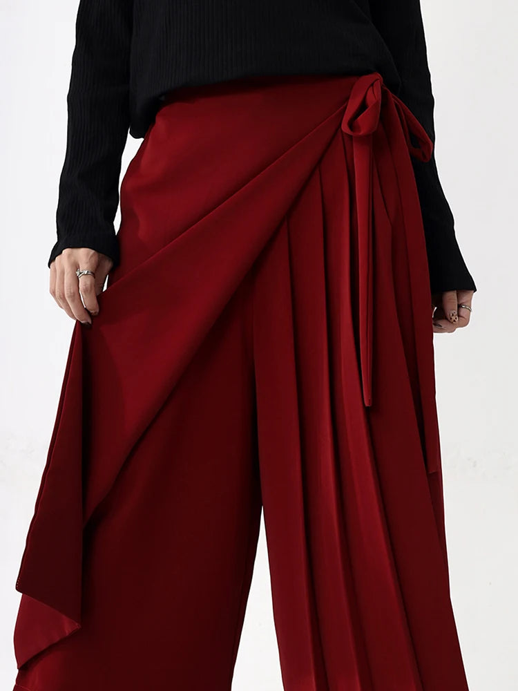 Asymmetrical Overlay Pleated Trousers – Red-SimpleModerne