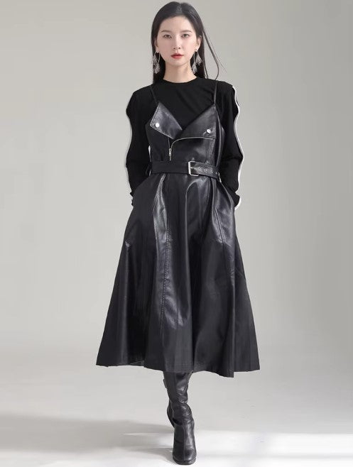 Casual Minimal Goth Vegan Leather Sarafan Style Dress-SimpleModerne