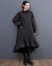 Quilted Winter Dress with Turtleneck and Knitted Cuffs - Warm and Stylish Mid-Calf Design