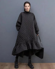 Quilted Winter Dress with Turtleneck and Knitted Cuffs - Warm and Stylish Mid-Calf Design