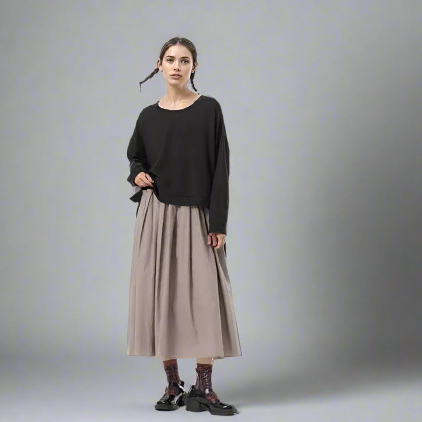 Two-Piece Black and Khaki Green Pleated Dress with Oversized Pullover-SimpleModerne