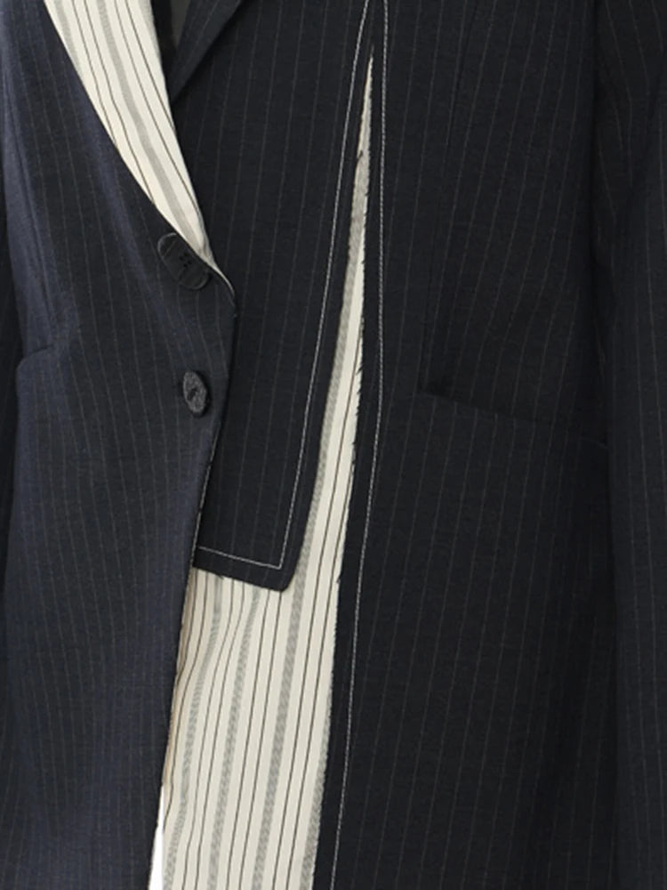 Asymmetrical Navy Blue Pinstripe Blazer with Contrast Panels-SimpleModerne