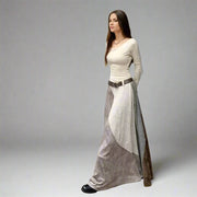 Vintage Patchwork Belted Maxi Dress - Soft Beige & Smoky Gray