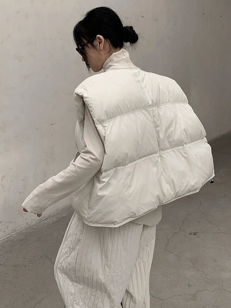 Cool Dawn Sleeveless Puffer Vest | Beige/Milk White, Zipper Closure, Oversized Fit-SimpleModerne