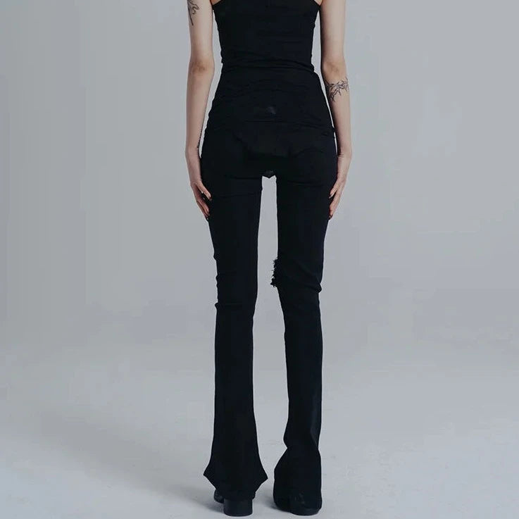 Distressed Black Flare Jeans with Knee Rip Detail-SimpleModerne