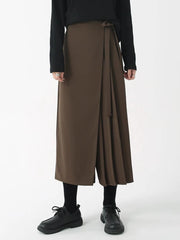 Asymmetrical Skirt-Pant Hybrid with Pleated Overlay - Coffee Brown-SimpleModerne