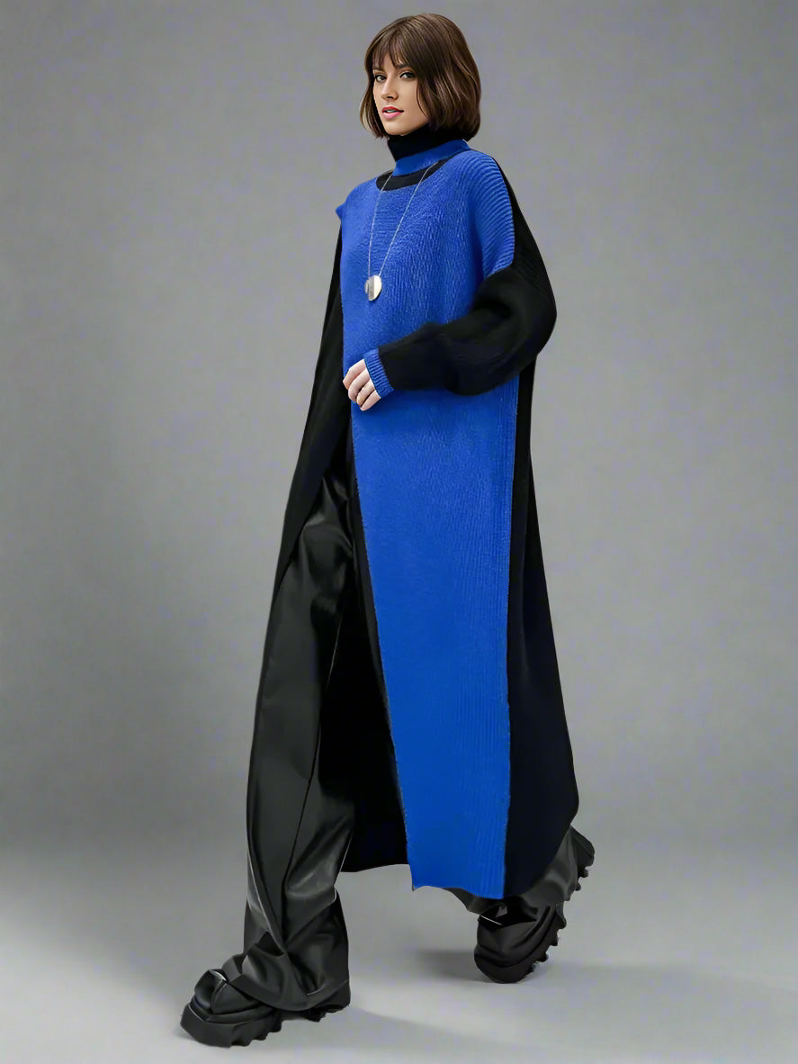 Color Block Maxi Knitted Pullover with Overlay Split – Black & Blue-SimpleModerne