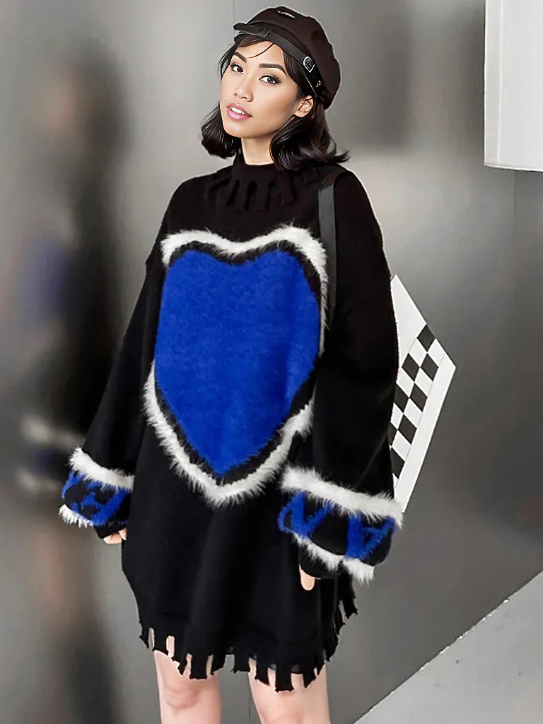 Casual Minimal Goth Blue Heart Knitted Pullover-SimpleModerne