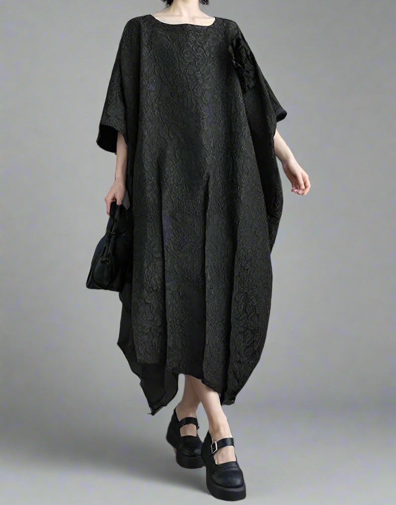 Urban Oversized Black Maxi Dress with Tulle Insert and 3D Textured Fabric-SimpleModerne