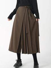 Asymmetrical Skirt-Pant Hybrid with Pleated Overlay - Coffee Brown-SimpleModerne