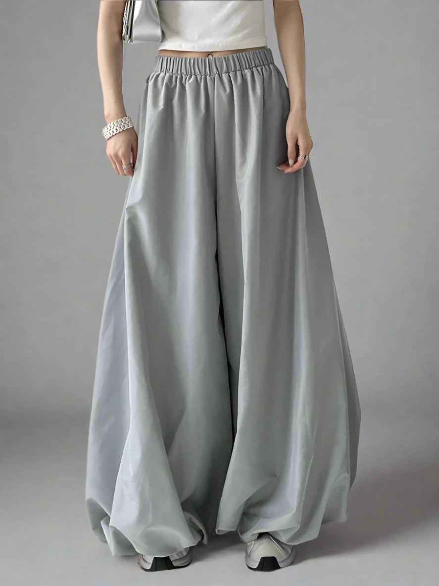 Edgy Wide-Leg Puffed Trousers with Elastic Waist - Punk-Inspired Statement Pants-SimpleModerne