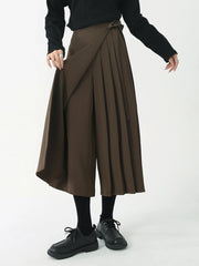 Asymmetrical Skirt-Pant Hybrid with Pleated Overlay - Coffee Brown-SimpleModerne