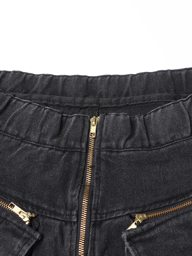 Maxi Pocket Dark Grey Wide-Leg Jeans with Vintage Zipper-SimpleModerne