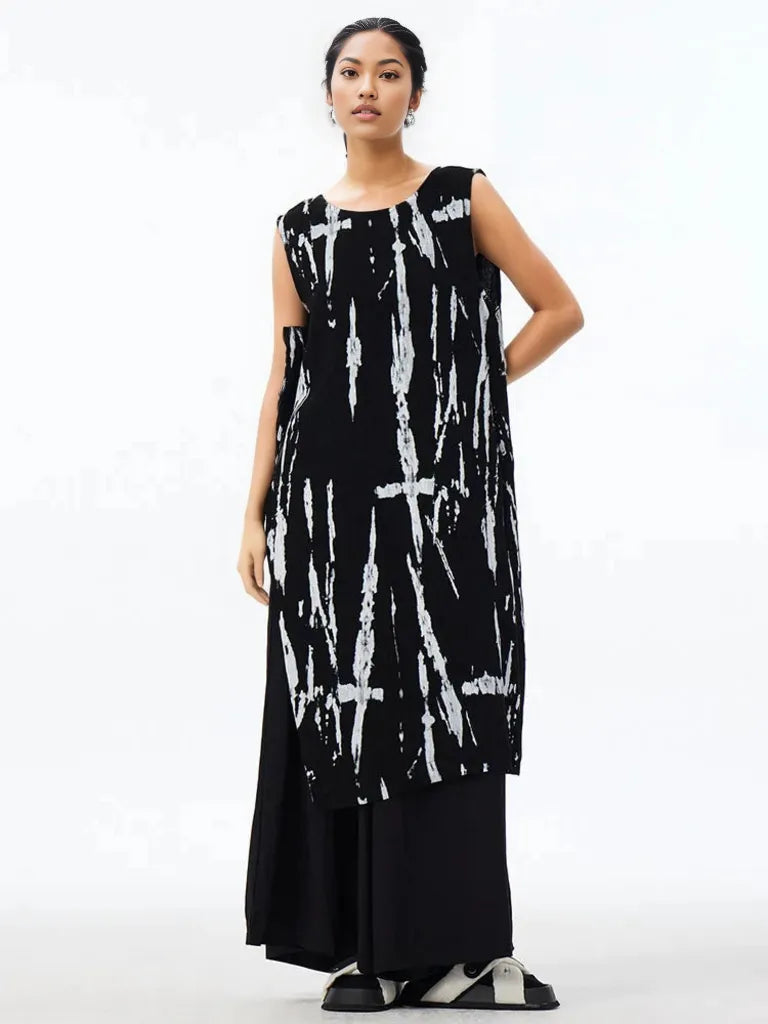 Elegant Sleeveless Asymmetrical Maxi Shirt - Black-SimpleModerne