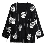 Knitted Pullover with Artistic Flower Pattern – Black & Cream Beige