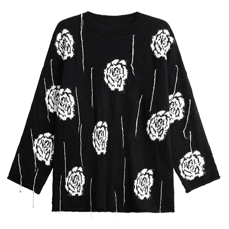 Knitted Pullover with Artistic Flower Pattern – Black & Cream Beige