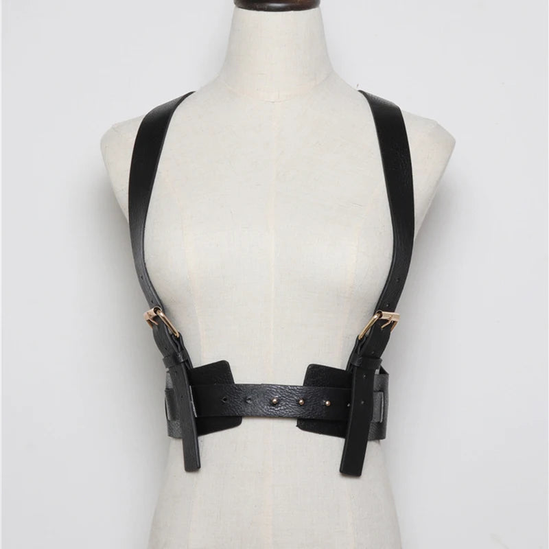 Edgy Adjustable Black Leather Harness Belt-SimpleModerne