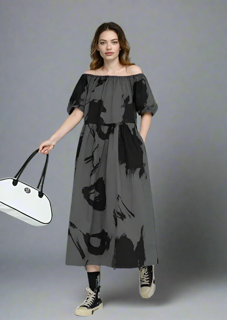 Charcoal Gray Bardot Punk Dress with Black Abstract Print-SimpleModerne